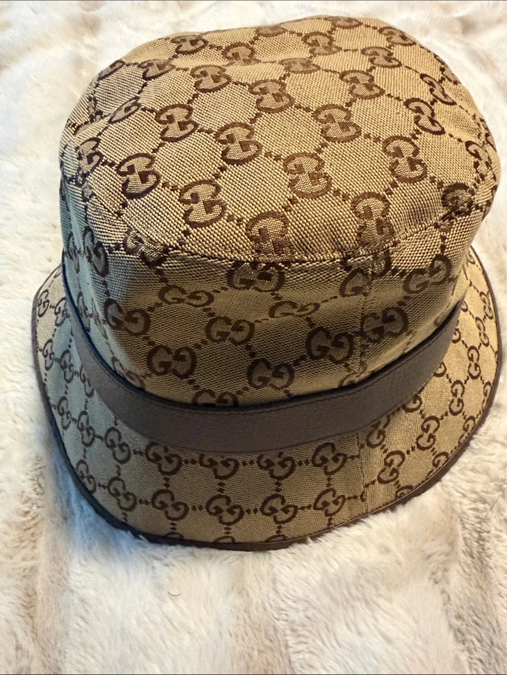 Gucci Beige and Brown GG Monogram Bucket Hat with GG Logo Band
